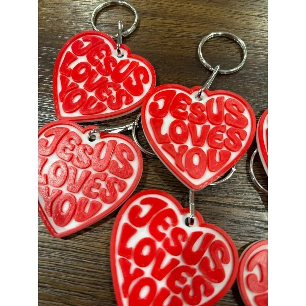 Jesus Loves You Heart Keychain | Red White Retro Christian Faith Gift (10 Pack)